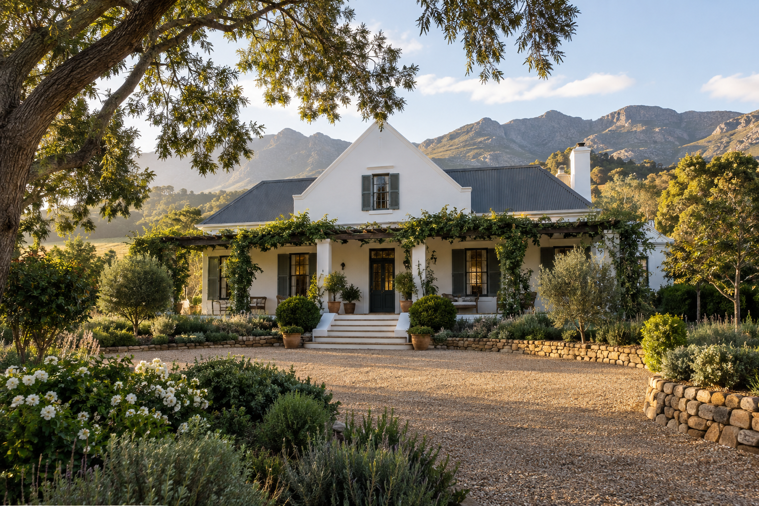 A white Cape-style home with a veranda, garden and mountains beyond